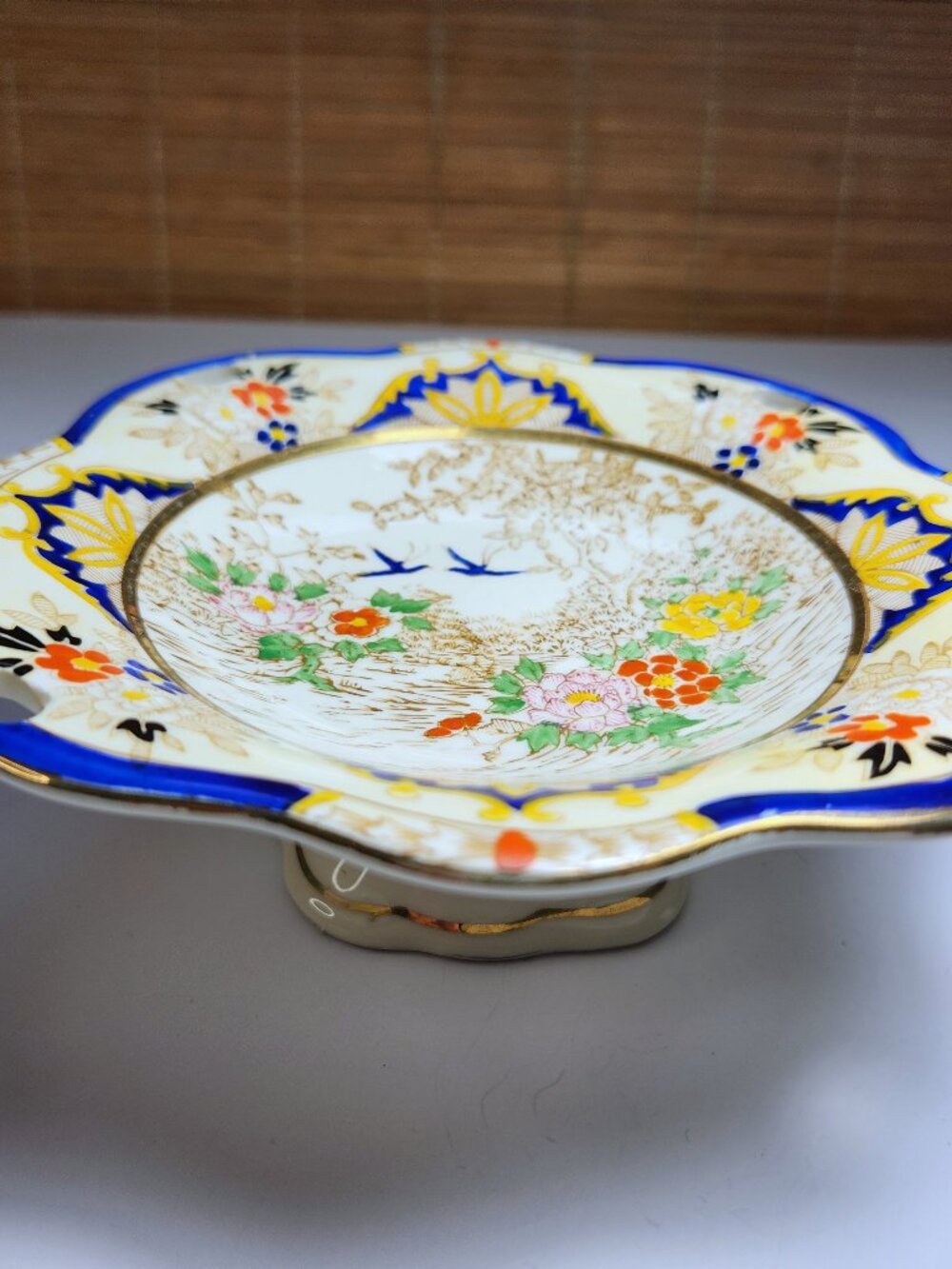 Vintage Noritake Pedestal Bowl Cherry Blossom Mark Imari Cobalt Blue Gold 6 1/4